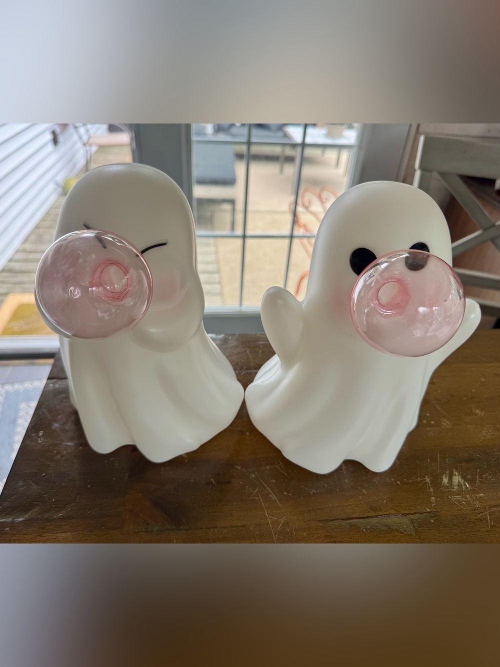 White Ceramic Ghost Figurines with Pink Bubble Accents - Home Holiday Decor